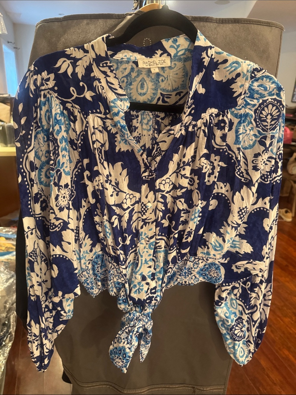 Rachel Zoe Blue & White Paisley Tie-Front Blouse